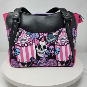 Handmade Black, Pink & Purple Freakshow Circus Big Top Skulls Handbag